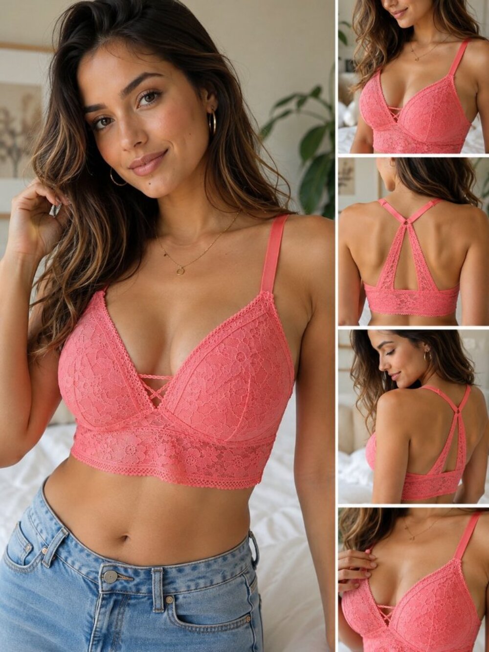 Victoria's Secret Large Coral Lace Bralette Racerback Floral Lace